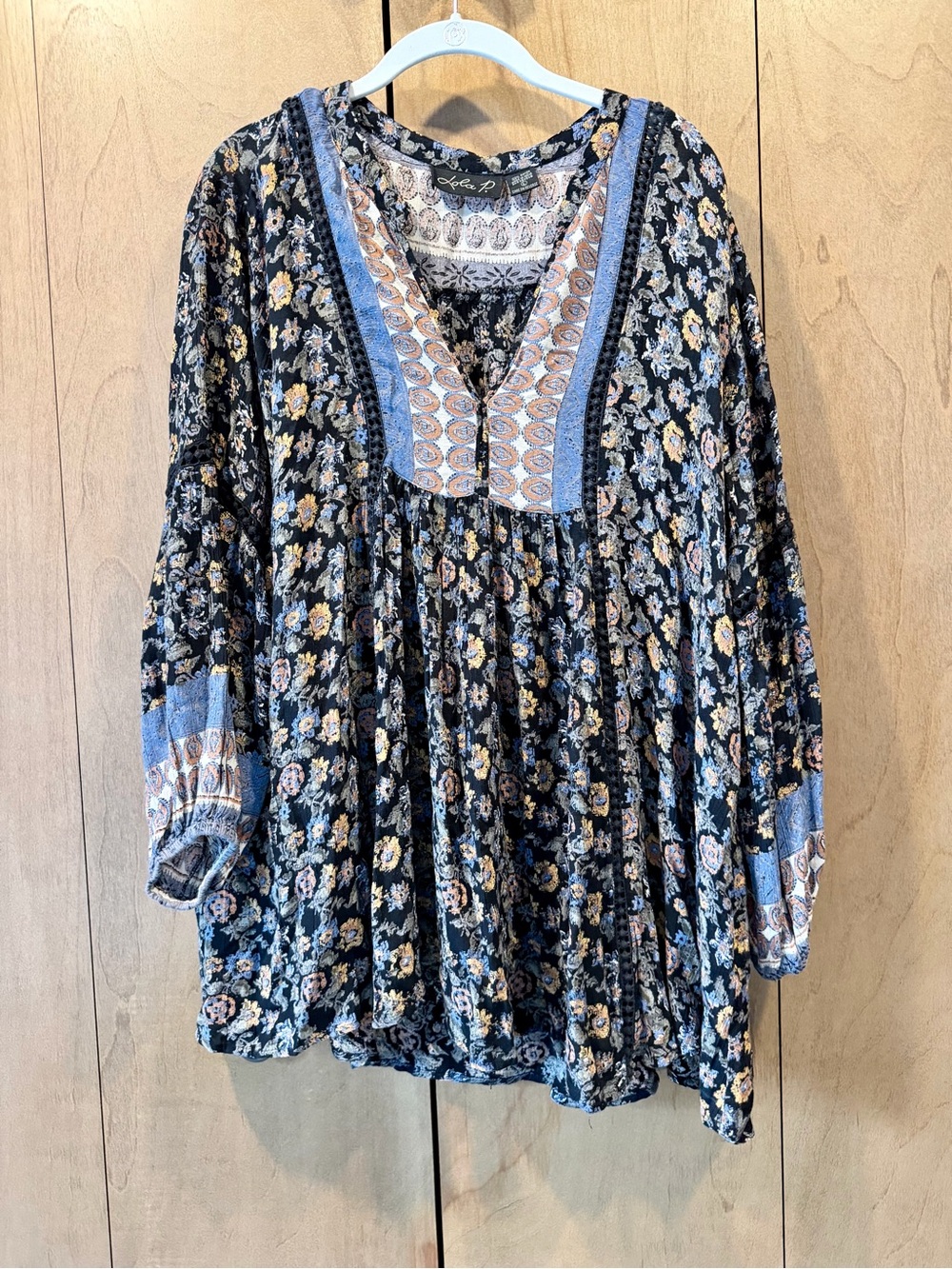 lola P. Black Floral Boho Tunic with Blue Trim oversized boho gypsy top